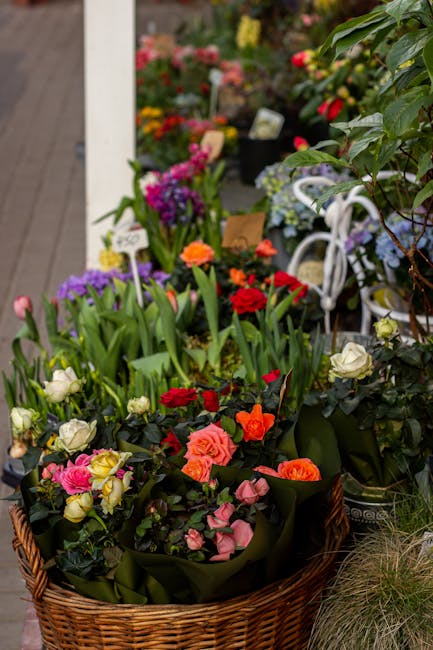 A variety of fresh flowers arranged in a large wicker basket, featuring vibrant red, pink, peach, white, purple, and orange blossoms, including roses, tulips, and freesias. The flowers are meticulousl