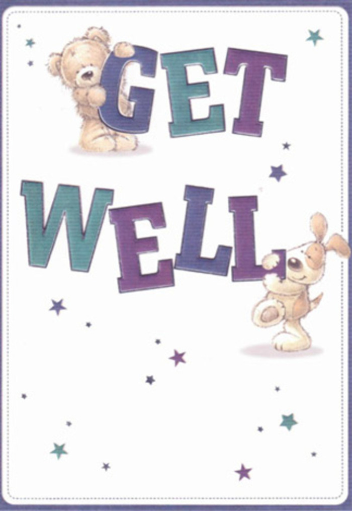 This illustrated get well card is a celebration of gentle encouragement, full of inviting, softened textures and playful local warmth. A cuddly bear, with rich mocha fur and a warm, knowing gaze, rests atop the large, exuberant letters of 'GET,' while a sweet puppy, soft in tan and cream with floppy velvet ears, anchors the card beside 'WELL.' Around them, whimsical stars-rendered in lively purples, aquas, and silvers-twinkle on a crisp, luminous white background, like good wishes drifting down from Holland Park's evening sky. The typography itself feels like a joyful shout, shaded in cool tones reminiscent of glassy vases brimming with flowers at Florist Kensington. There's a real tactile delight to the image: the silky fur, the subtle shadows, the gentle movement of the scattered stars. Envisioning this card paired with a hand-arranged bouquet delivered to a loved one in Kensington, it radiates heartfelt support, the way only a thoughtful, local gesture can. The design's enthusiastic innocence brings to mind childhood comforts and the nurturing care woven into every floral delivery across our community, perfect for uplifting anyone in need.