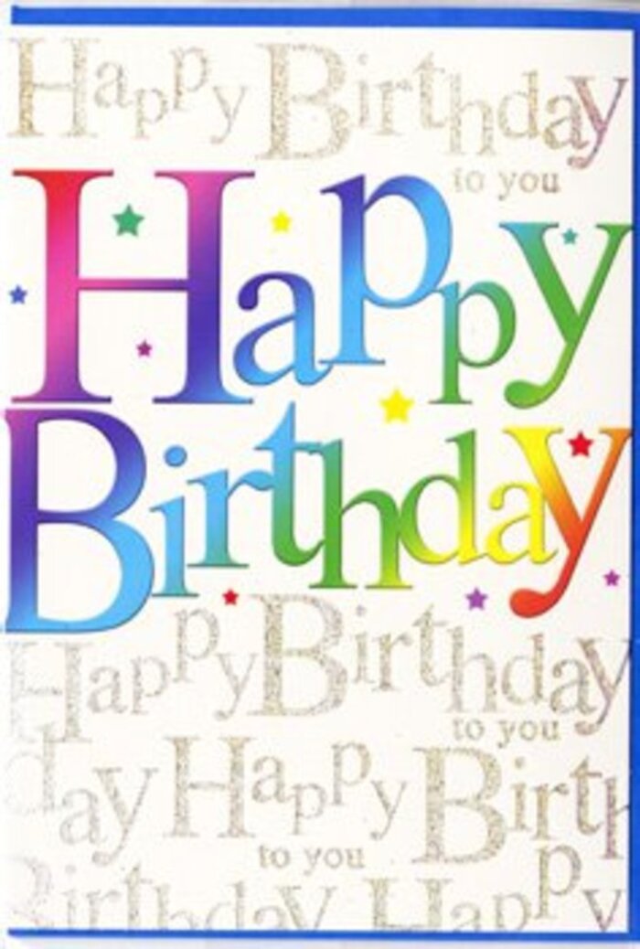 The photograph presents a stylish birthday card that feels both festive and refined, much like a well-curated window display along Kensington High Street. At the centre, the phrase Happy Birthday stretches generously across the front in big, rounded letters that look friendly and inviting. Each letter glows in its own rich shade, forming a rainbow that moves seamlessly from warm to cool tones-think deep cherry reds, juicy oranges, golden yellows, fresh limes, leafy greens, soft aquas, and velvety purples. The colours blend at the edges, giving a gentle ombré effect that suggests movement and joy, as if the words themselves are caught mid-celebration. Behind this bold statement, the background is filled with a repeating pattern of the words Happy Birthday to you, written in a fine, looping gold script. The writing flows diagonally across the card in even lines, like musical staves or the delicate twirl of ribbon wrapping a gift from a local florist in Kensington. The gold ink has a subtle sparkle, reminiscent of candlelight glinting on a birthday cake in a cosy Kensington townhouse. Under softer lighting, it would likely shimmer gently rather than flash, adding depth and a sense of craftsmanship. The card's finish appears smooth and slightly glossy, giving the impression of a quality piece chosen with care rather than something generic. This design feels ideal for someone who loves colour but also appreciates a touch of elegance-perfect to accompany a hand-tied bouquet or a birthday delivery arranged nearby, capturing that blend of exuberance and thoughtfulness that birthday celebrations across Kensington often carry.