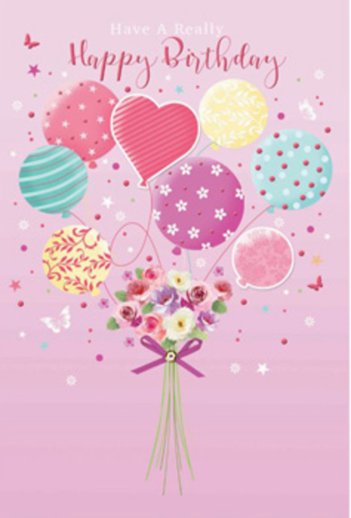This birthday card illustration captures the feeling of gentle jubilation, as if a small party has been sketched in the air above a quiet Kensington mews. The background is a soft, powdery pink that brings to mind blossoming trees in springtime around Kensington Gardens. Floating at the centre is a cluster of balloons in pastel tones-pale sunshine yellow, rosy fuchsia, sea-glass green, and delicate lavender. Each balloon is given its own personality: one is wrapped in twirling ribbons, another is sprinkled with lively polka dots, while others show subtle floral and swirl designs that echo the language of flowers. They appear to lift a dainty garden upwards, the strings and ribbons converging at a fresh, hand-tied bouquet at the base. The bouquet is composed of petite roses and daisy-like blooms, their petals soft and velvety, shaded from cream to rose-pink as though brushed by early daylight. You can almost sense a whisper of fragrance, something light and comforting, like walking past a florist just off Kensington High Street. A shimmering purple bow secures the stems, its loops and tails rendered with enough detail that you can imagine the smooth satin between your fingers. Around the bouquet, whimsical butterflies and tiny star-like accents seem to hover, giving the sensation of a daydream held in mid-air. The lighting is gentle but purposeful, highlighting the roundness of each balloon and the natural curve of each petal. Together, the elements create a tender, uplifting birthday message-playful yet refined, crafted with the same care a local florist would give to a special delivery for a cherished friend in W8.