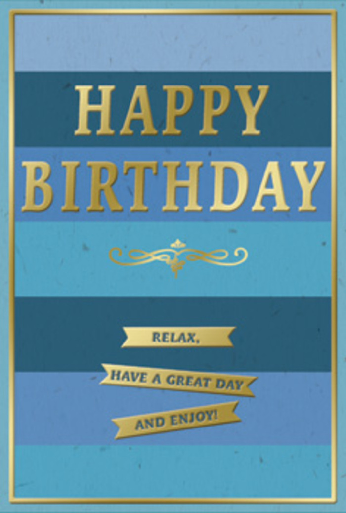 A sophisticated birthday card in layered blue tones and glowing gold stands ready to accompany a fresh bouquet on its way to a Kensington doorstep. The card's background is composed of broad, horizontal stripes, each band a different shade of blue that moves gradually from deep navy through denim and teal to a light, airy sky blue. The effect feels like watching the colour of the sky change over Kensington Gardens throughout the day, calm and unhurried. Across the central bands, the words HAPPY BIRTHDAY appear in bold, capital letters of embossed gold foil. The metallic finish is luminous but not loud, catching the light in soft reflections that give the lettering dimension, as though the words themselves are gently lifting off the card. Immediately beneath this greeting, a delicate golden ornament unfurls in a symmetrical flourish, a nod to vintage calligraphy and the kind of classic detailing found on older buildings around Kensington Church Street. Below the flourish, three slim gold banners sit perfectly aligned, each one carefully embossed with part of a warm, simple message: Relax, have a great day and enjoy! These ribbons read like calm instructions for a peaceful birthday, matched to the soothing blue palette. Around the entire design runs a thin gold border, neat and precise, framing the stripes and text the way a skilled florist frames a bouquet with just the right foliage. The blues appear soft and matte, suggesting a velvety touch, while the gold elements look smooth, slightly raised, and cool under the fingertips. The overall impression is of quiet luxury and heartfelt intention, ideal for sending best wishes along with fresh flowers to someone celebrating a birthday in Kensington.