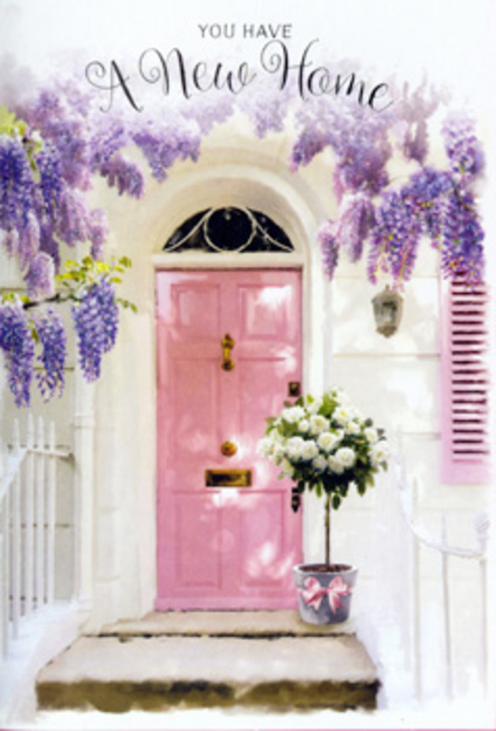 This photograph portrays a romantic Kensington doorway dressed as if for a gentle celebration, with every detail arranged to whisper welcome home. The front door is painted a tender, chalky pink, its surface catching the soft daylight that so often spills down from the tall townhouses near Kensington High Street. Around it, wisteria cascades in velvety clusters of lavender and lilac, the blossom-laden vines draping over the lintel and trailing along the wall in a graceful sweep. The whitewashed façade behind them has a slightly textured, lived-in charm, reminiscent of the quiet mews tucked away behind the main streets, where each home has its own character. At the base of the door, placed carefully on the step, sits a grey metal florist's bucket holding a generous bouquet of white and cream roses. The roses look freshly opened, their petals creamy and plush, arranged so that some blooms face forward while others tilt gently to the side, giving the display a natural, gathered-from-the-garden feeling. Threads of soft green foliage weave between them, creating a pleasing contrast and adding depth. A satin ribbon in a delicate blush pink is tied around the bucket, its loose ends resting against the stone like a small flourish of celebration. The light in the scene is mellow and optimistic, casting faint shadows of wisteria leaves across the door and ground. Everything together evokes the emotion of a Kensington housewarming: the nerves of unlocking a new front door, the comfort of floral fragrance greeting you, and the sense that this thoughtfully placed bouquet will be the first of many memories made on this doorstep.