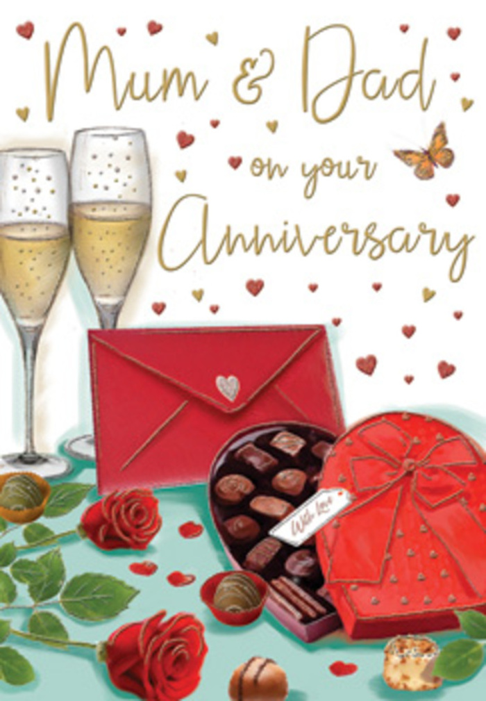 This detailed anniversary card illustration captures a scene that could easily unfold in a quiet drawing room near Kensington Gardens, where love is celebrated with understated elegance. On a softly lit tabletop, two slender champagne flutes are the focal point, filled with pale, golden champagne that shimmers with tiny bubbles, ready for a shared toast. Just in front, a heart-shaped chocolate box in a rich, romantic red is opened wide, showcasing rows of carefully arranged chocolates, each one smooth, rounded, and gently glistening as if freshly unwrapped. A generous, satin-red bow wraps the box, its loops and tails cascading with a soft sheen that mirrors the blush of celebration. At the side, two red roses rest delicately against the scene, their petals densely layered and velvety, with deep green leaves curling naturally around them, reminiscent of a premium anniversary bouquet prepared by Florist Kensington. A vivid scarlet envelope lies nearby, angled suggestively, its flap sealed to protect a private, affectionate message for Mum & Dad, hinting at memories and gratitude gathered over the years. Scattered across the warm, cream-toned background, small crimson and gold hearts drift like confetti on a breeze, framing the composition and adding a sense of playful romance. Gentle highlights reflect off the glass and the metallic touches, creating a soft glow that feels like candlelight after a family meal. The entire image radiates gratitude, togetherness, and the comfort of long-lasting love, echoing the kind of heartfelt anniversary that families across Kensington cherish and celebrate at home.