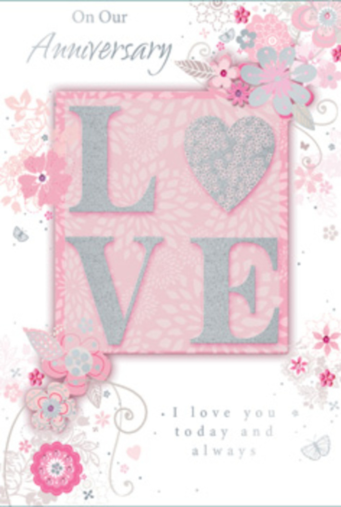 The anniversary card in this image is styled like a romantic composition in soft focus, inviting the fingertips as much as the eyes. Its base is a smooth wash of delicate blush pink, evoking the inside of a rose petal or the sky over Kensington Gardens just after sunrise. Centred prominently is the word LOVE, each letter raised from the surface in a tactile print dusted with frosted glitter. The texture is slightly ridged and sparkling, catching light in pearlescent whites and modest silver glints, suggesting both celebration and intimacy. Around this word, hand-drawn floral motifs meander gracefully, as though they have grown organically across the card. The blooms are petite and stylised, with petals shaded in soft pinks and ivory tones, some brushed with whispers of lilac, all outlined in fine, graceful lines. Curving stems and slender leaves weave between the flowers, resembling the careful line-work a local florist might sketch when planning a bespoke anniversary bouquet for a couple living near Kensington Palace. Subtle accents, like tiny dotted clusters and gentle flourishes, enhance the feeling of movement, as if a light breeze were ruffling through a bouquet. The card's message, scripted in an elegant, flowing typeface, offers heartfelt words of enduring love and gratitude, arranged so the text nestles harmoniously within the floral frame. There is a sense of calm, luminous softness, as though the card carries with it not only visual beauty but the imagined scent of fresh, pastel blooms destined for anniversary delivery throughout Kensington's quiet mews and tree-lined avenues.
