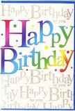 In this image, a modern birthday card stands prominently, radiating colour and optimism in a way that would blend beautifully with a vibrant bouquet from a Kensington florist. The main feature is the bold phrase Happy Birthday, printed in large, chunky letters that span the width of the card. Each letter is filled with a different bright hue, creating a smooth rainbow effect that transitions from rich reds and oranges through sunny yellows and lush greens, all the way into cool blues and deep purples. The arrangement of colour feels intentional and balanced, like a carefully considered floral palette, conveying youthful energy without appearing childish. Behind this striking text, the entire background is layered with a repeating script message: Happy Birthday to you, written in graceful, flowing gold letters. The smaller script drifts across the card on a gentle diagonal, like lines of a song, suggesting a quiet chorus of well-wishers beneath the louder main greeting. The gold appears slightly glittered, adding a fine, twinkling sheen that catches the light in a subtle way, reminiscent of evening lights along Kensington Church Street. The card stock itself looks smooth and of a higher weight, with a semi-gloss finish that would feel pleasantly firm and satiny when held. There are no extra pictures or clutter-no balloons, cakes, or characters-just the interplay of colour, lettering, and shimmer. The overall effect is bright, warm, and inviting, making this card an ideal choice to accompany a birthday flower delivery across Kensington, from cosy mews houses to elegant apartments near the parks.