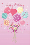 This birthday design feels like a light-hearted celebration drifting above the rooftops of Kensington, captured on a soft blush-pink canvas. At its centre, a bouquet of pastel balloons rises with a sense of joyful motion, as though just released from someone's hands on a quiet street near Kensington High Street. The balloons are painted in gentle shades of pink, minty sea green, lavender, and warm yellow, each decorated with its own playful pattern: some shimmer with candy-coloured stripes, others dance with tiny polka dots, while a prominent heart-shaped balloon glows tenderly at the centre, radiating affection. Anchoring this floating display is a charming hand-tied bouquet, gathered at the base where all the strings meet. The flowers are a mix of delicate roses and anemone-like blossoms in creamy ivory, blush pink, and soft mauve, their petals feathery and layered, suggesting a subtle, sweet fragrance like fresh blooms just arranged by a Kensington florist. A violet satin bow wraps neatly around the stems, its texture gleaming softly, adding a note of polished elegance. Scattered around the composition are tiny star shapes and fluttering butterflies, like confetti caught mid-flight, lending a touch of fairy-tale wonder. Gentle light pours across the scene, catching the sheen on the balloons and the natural glow of each petal, giving everything a luminous, celebratory aura. The overall impression is airy, sweet, and perfectly festive-a birthday greeting that feels both personal and magical, ideal for marking a bright and unforgettable day in this elegant London neighbourhood.