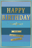 This elegant birthday card combines tranquil shades of blue with refined gold detailing, creating a design that feels at home in a quiet Kensington sitting room beside a vase of fresh flowers. The background is divided into generous horizontal stripes, each one a different tone of blue, from deep navy at the bottom through rich teal and denim to a pale, serene sky blue at the top. These layered bands form a gentle ombré that suggests depth and calm, like distant horizons glimpsed beyond the rooftops near Kensington Gardens. Centered across these blues is the greeting HAPPY BIRTHDAY, embossed in large gold capital letters. The foil gleams softly, giving the impression of gentle candlelight rather than a sharp shine, and the raised texture adds a subtle tactile richness. Just below, a graceful gold flourish curls outward, reminiscent of a decorative motif from a traditional Kensington townhouse, adding a hint of classic charm. Under this ornamental accent, three narrow gold banners sit in tidy alignment, each ribbon carrying a line of heartfelt encouragement: Relax, have a great day and enjoy! Their wording echoes the calming palette, inviting the recipient to slow down and savour their birthday. A slim gold frame traces the outer edge of the card, tying the entire composition together the way a neat ribbon finishes a florist's hand-tied bouquet. The blue areas appear smooth and matte, while the gold foil is shiny and embossed, creating a pleasing contrast of surfaces when viewed under soft indoor light. Altogether, the card radiates a sense of measured joy and peaceful celebration, perfectly suited to accompany a birthday delivery in Kensington.