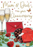 The artwork on this anniversary card paints a richly romantic scene that feels perfectly at home in Kensington, where tradition and warmth meet. On a softly illuminated tabletop, two tall champagne flutes stand close together, their clear stems aligned as if mirroring a long-standing partnership. The glasses are filled with golden champagne, each tiny bubble suspended mid-rise, creating a sense of anticipation for an upcoming toast. In front of them, an open heart-shaped box of chocolates in deep red draws the eye, its lush satin bow dramatically tied and spilling across the surface like soft ribbon on a gift chosen with care. Inside, a dozen or so glossy chocolates sit neatly in their compartments, inviting the idea of sharing sweet moments. To the side, a pair of red roses lies gently on the table, petals thick and velvety, with rich green leaves framing their bold colour in a way any local florist would recognise as the quintessential romantic gesture. A vivid scarlet envelope, sealed and slightly angled, suggests a heartfelt note written lovingly to Mum & Dad, ready to be read aloud or treasured quietly. Surrounding this arrangement, delicate hearts in crimson and gold float across a warm, creamy background, adding movement and a festive touch. Soft highlights glint on the glass and along the curves of the chocolates and ribbon, evoking candlelight in a cosy Kensington home after dinner. The overall mood is one of affectionate celebration, capturing the sweetness, gratitude, and togetherness that an anniversary shared with family truly embodies.